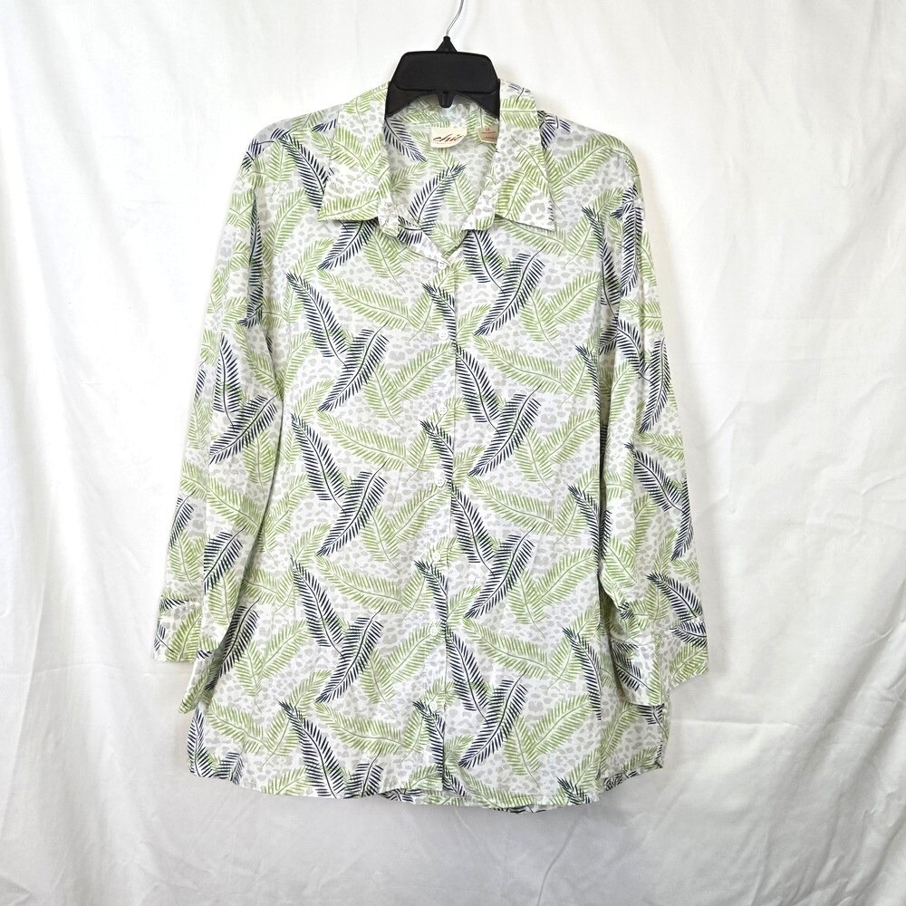 Chic Comfort Womens White Navy Green Leaf Animal Print Tropical Button‎ Top 2x